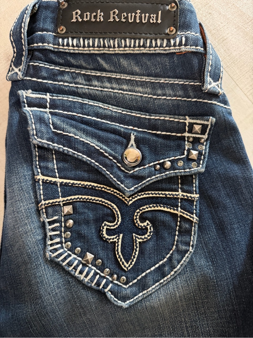 Rock Revival Women's JEN Dark Blue Embellished Boot Cut Jeans 35 inch inseam